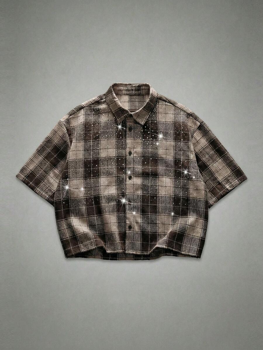 NEON BLANC 男士格子短袖单排扣水钻装饰衬衫 - 棕色 - 查看 1