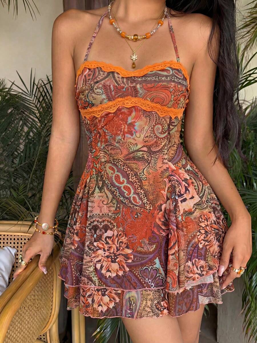 Sunnyshic Women's Summer Casual Vacation Fashion Versatile Daily Wear Bohemian Paisley Print Double-Layer Irregular Hem Contrast Ruffle Splice Spaghetti Strap Bow Tie Strap Short Dress - Multicolor - View 1