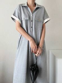 FRIFUL 女士高领直筒中长连衣裙，适合夏季都市通勤穿着 - 灰色 - 查看 7