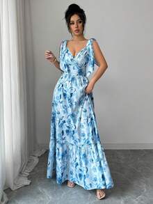 SHEIN Elenzya Abito lungo da donna elegante con stampa floreale blu, scollo a V con spalline sottili, adatto per uso casual, vacanze, spiaggia, vita quotidiana, appuntamenti, feste, raduni, Pasqua - Blu - Visualizzare 3
