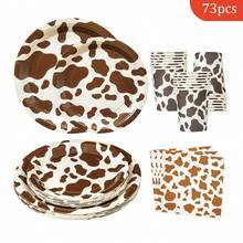 Brown Cow Patterned Disposable Dining Plate, Napkins, Paper Cups, Disposable Party Supplies Set, Suitable For 16 Guests, Suitable For Birthdays, Weddings, Themed Parties, Family Picnics, Disposable Dining Plate Party Utensils - View 1