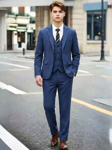 SHEIN 青少年男童简约廓形高端藏蓝色格纹两件套西装，配藏蓝色领带，简约精致，适合婚礼季、休闲、上学、旅行、运动、音乐节、假期、派对、夏季海滩度假、春夏穿着。 - 寶藍色 - 查看 3