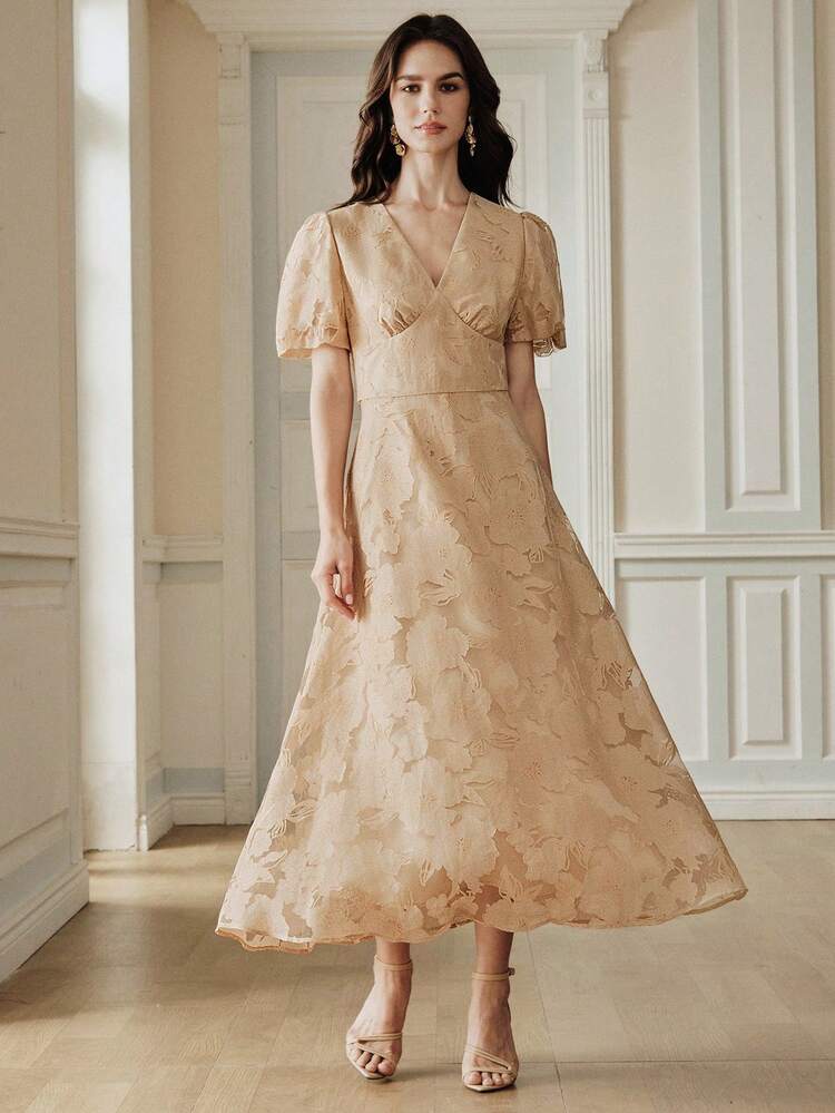 Women's Elegant V-Neck Petal Sleeve Midi Dress, New Summer Romantic Dress, Holiday Dress