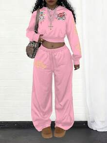 Rovax 修身短款连帽衫，插肩长袖套头衫 + 斜插口袋休闲裤 - 粉色 - 查看 3