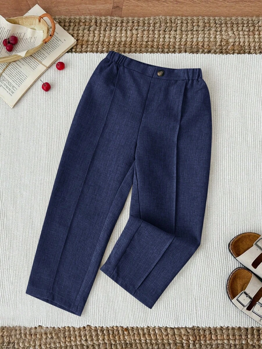 SHEIN 男童舒适休闲时尚杏色裤子，男童校服裤，下装，返校季 - 藏蓝色 - 查看 1