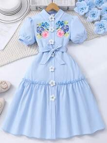 SHEIN 女童花卉印花领口前开泡泡袖连衣裙(配腰带) - 藍色 - 查看 2