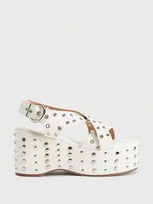 Sugerpunk Ladies, Spike Buckles, Lame-Heeled Platform Sandals. 2000s Style Summer Shoes - White - View 1