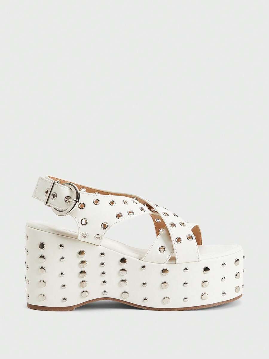 Sugerpunk Ladies, Spike Buckles, Lame-Heeled Platform Sandals. 2000s Style Summer Shoes - White - View 1