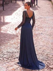 Aureia 优雅、浪漫、时尚、端庄的藏蓝色缎面珠绣拼接方领长袖褶裥鱼尾下摆飘逸礼服，适合派对、婚礼等场合，亦可作为正式晚礼服穿着。 - 藏蓝色 - 查看 4