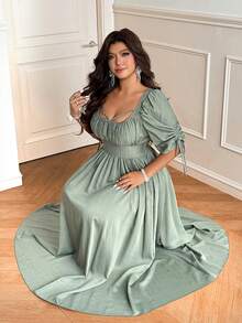 Vionelle Summer Square Neck Tie Cuff Cinched Waist Petal Sleeve A-Line Long Dress For Women - Green - View 5