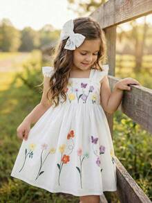 Emery Rose Kids 女童纯色碎花方领荷叶边下摆休闲连衣裙 - 彩色 - 查看 3