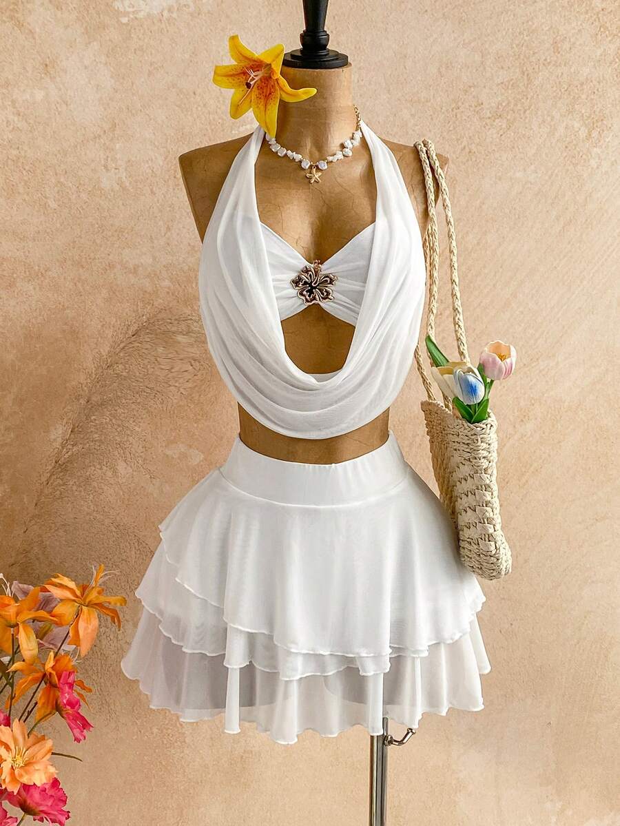 Soleia 女士日落渐变深V领花卉金属扣系带上衣+多层荷叶边迷你裙两件套,休闲度假海滩邮轮假日装扮,适合所有季节、音乐节、波西米亚风假期。 - 白色 - 查看 1