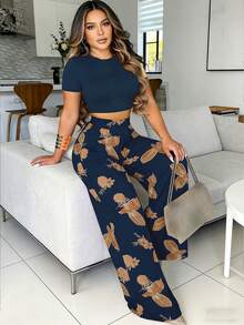 VaVaBold Women's Summer Casual Solid Color Cropped T-Shirt & Floral Print Pants 2-Piece Set - Navy Blue - View 4