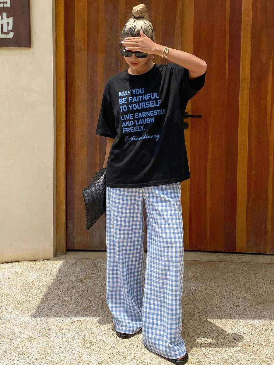 DAZY Letter Print Decor Loose T-Shirt And Plaid Straight Leg Lounge Pants Set Pajama - Black - View 1