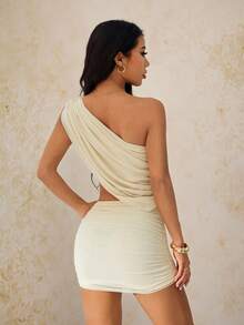 SHEIN PETITE Vestido corto de mujer de unicolor con cuello asimétrico, de moda para el verano, vestido de fiesta - Albaricoque - Ver 2