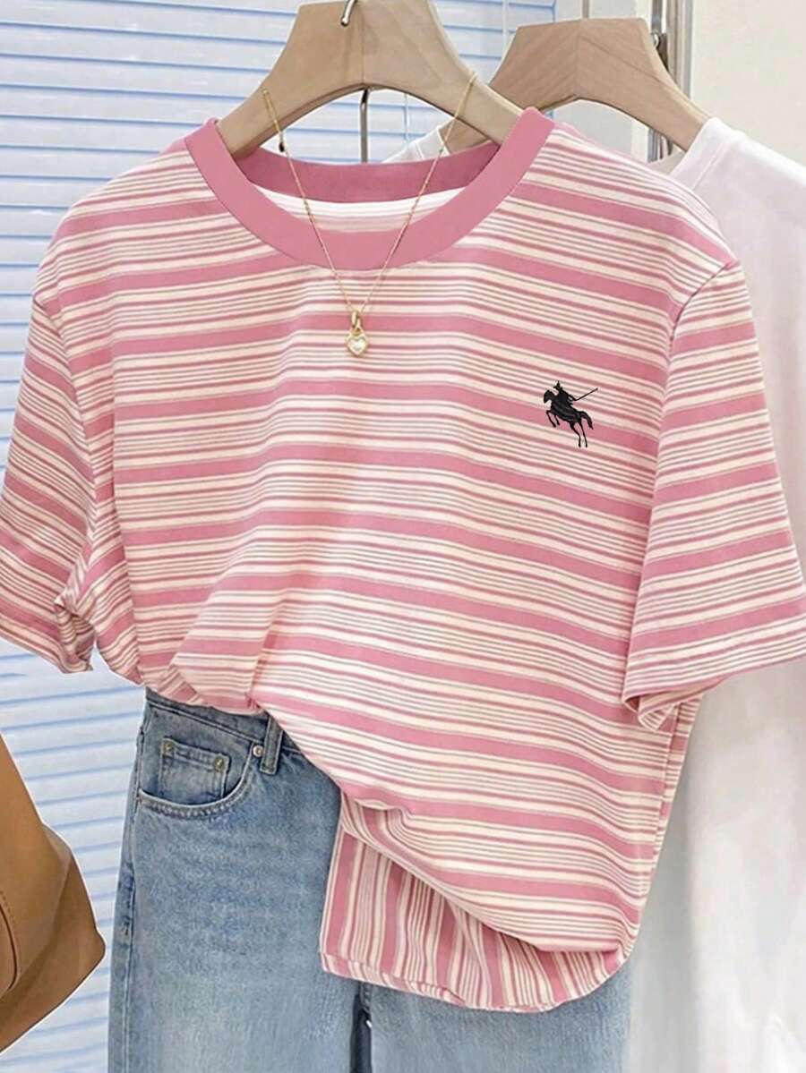 SHEIN Tween女孩休閒粉色與白色彩色條紋蝴蝶結印花圓領短袖T恤,夏季返校時尚上衣,適合Tween女孩與學校穿著 - 彩色 - 查看 1