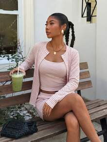 Muchica Light Pink Striped Knit 2 Pieces Set For Women - Baby Pink - View 5