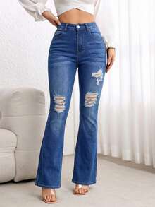 Flexra Women's Casual Distressed Flare Leg Jeans - Blue - View 5