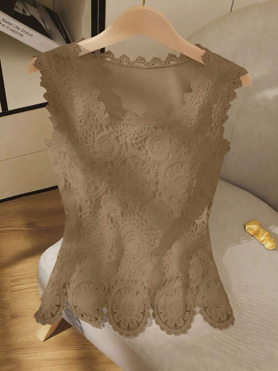 EMERY ROSE Débardeur en dentelle au crochet pour femmes, blouse élégante et à la mode sans manches - Kaki - Voir 1
