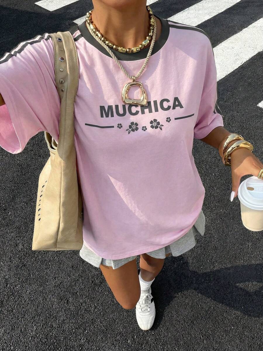 Muchica 女士针织休闲运动撞色T恤 - 粉色 - 查看 1