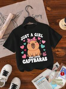 Young Girl Round Neck Cartoon Letter Print Casual Versatile Daily Wear Short Sleeve T-Shirt - Black - View 2