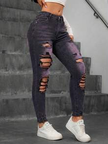 Jeanoix Casual Washed Distressed Slim Fit Denim Jeans - Red - View 7