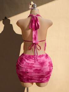 SHEIN ICON Ensemble top à col ras-du-cou et jupe plissée à imprimé floral pour femmes grandes tailles - Rose bonbon - Voir 2
