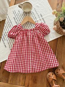 SHEIN LMoss Kids 女宝宝可爱夏季甜美红白格子蝴蝶结草莓印花宽松短袖连衣裙 - 彩色 - 查看 2