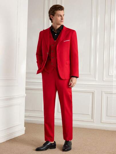 Officeau 男士时尚新款纯色修身弹力三件套商务西装套装，包含夹克、马甲和裤子，适合工作正式场合