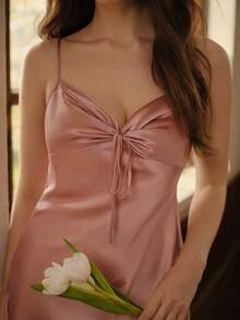 SilkySpell Váy ngủ ngủ Cami Pajama nhún bèo và dây rút Luxeloungewear - Màu Hồng baby - Xem 7