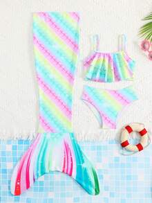 SHEIN Bộ đồ bơi cho bé gái in họa tiết vảy cá, viền bèo nhún, kèm váy đuôi cá, họa tiết ngẫu nhiên. - Nhiều màu - Xem 3
