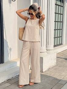 Pariaura 女士纯棉露背蕾丝短款上衣和阔腿裤套装，优雅休闲派对装扮，婚礼宾客礼服，夏季 - 米色 - 查看 4