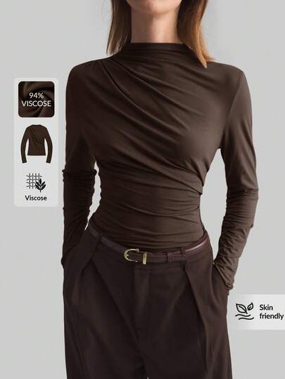 Ontre 2026 Spring/Summer New Coffee-Color Asymmetric Pleated Collar Basic Long Sleeve Minimalist Urban Business Casual Blouse, Women Office Wear, Outdoor, Party