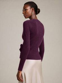 Ontre Áo khoác cardigan dệt kim gân màu tím thắt nơ phía trước dành cho nữ, mùa xuân/hè 2026, phong cách thường ngày, trang phục công sở, đồng phục giáo viên, áo khoác ngoài cơ bản cho mùa xuân/hè. - Màu đỏ tím - Xem 4