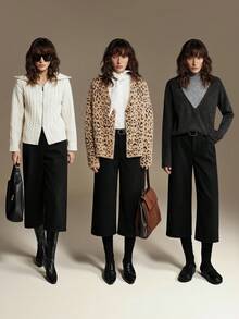 Ontre 2026春夏女式羊毛直筒口袋七分西装裤，都市通勤商务休闲裤，女士办公室穿搭，优雅女式春夏毛衣，适合情人节派对和聚会 - 黑色 - 查看 5