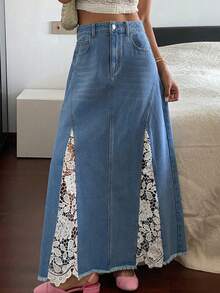 DAZY 西部牛仔风撞色蕾丝A字裙，休闲度假夏季女式牛仔裙 - 藍色 - 查看 3