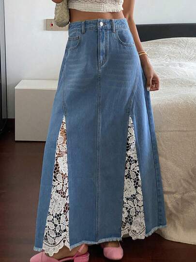 DAZY Western Cowgirl Contrast Lace A-Line Skirt, Casual Vacation Summer Denim Skirt For Women