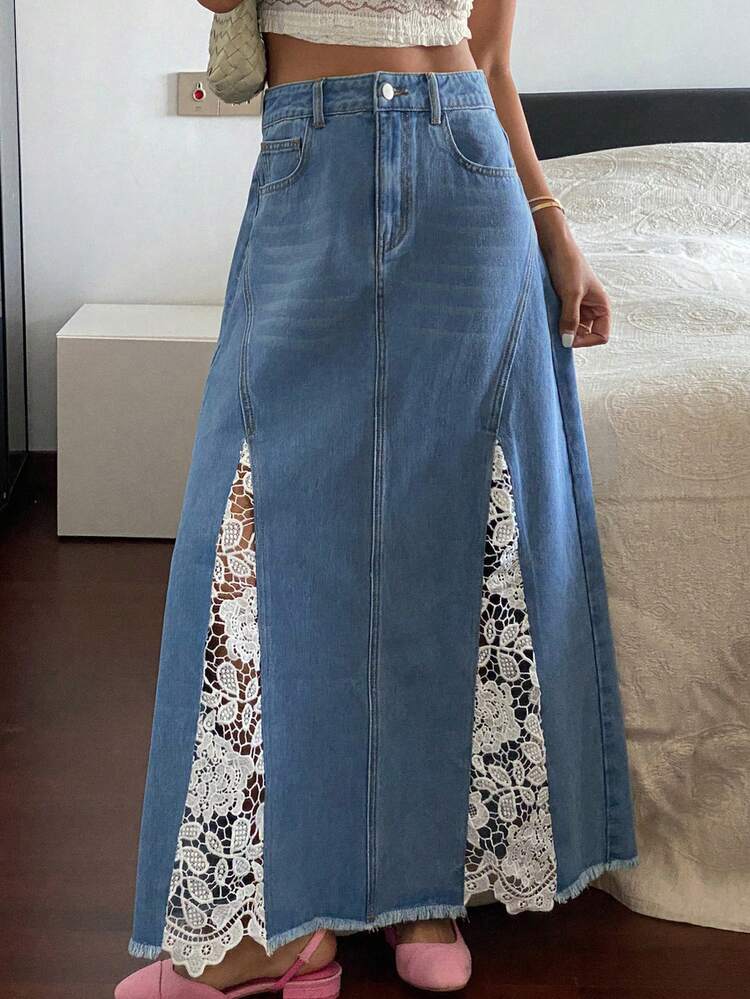 Western Cowgirl Contrast Lace A-Line Skirt, Casual Vacation Summer Denim Skirt For Women