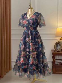 Rometta Plus Size New Short Sleeve Cake Tulle Floral Dress, Suitable For Birthday Party, Afternoon Tea, Valentine's Date, Wedding, Evening Gala - Royal Blue - View 3