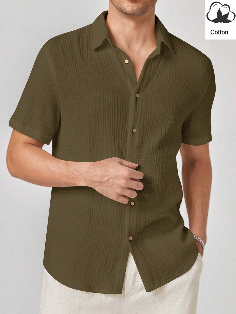 HIMLAND Men's Woven Casual Short Sleeve Shirt - Army Green - View 1