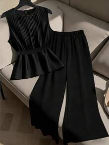 GlowEve CURVE Regata Elegante com Cintura Ajustada Plus Size + Calça Larga de Perna Larga Solta Moda Plus Size - Preto - Visão 9