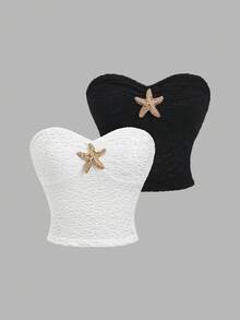 Sweetra 经典法式性感风黑白露脐吊带套装，收腰修身设计，质感面料，轻盈夏季沙滩装，金属海星装饰，青春活力 - 黑與白 - 查看 2