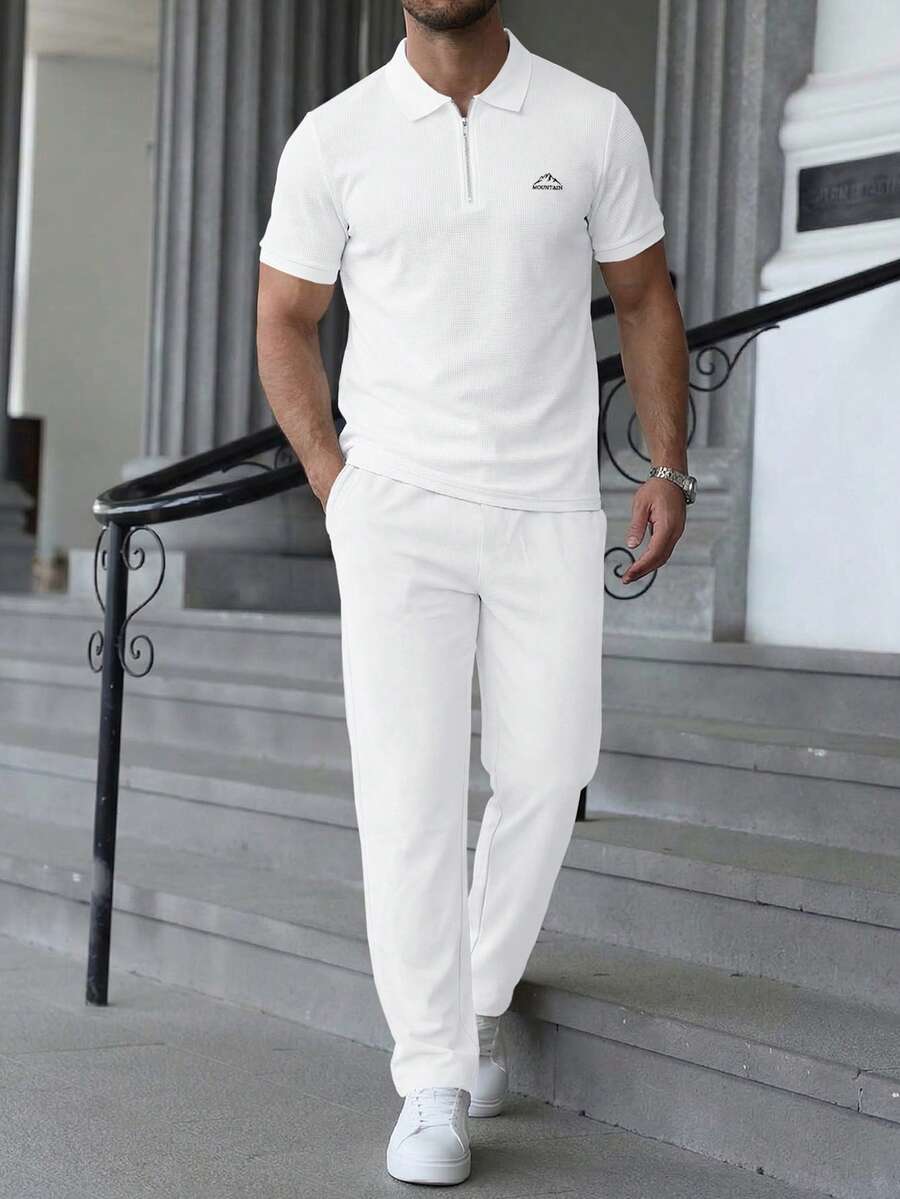 Manfinity Homme 男士短袖 Polo 衫和裤子两件套 - 白色 - 查看 1