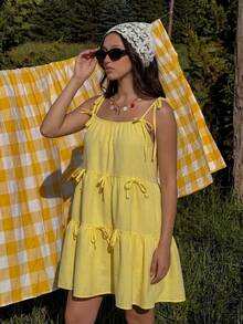 MainGRL Sweet Cute Yellow Tiered Spaghetti Strap Mini Dress With Bowknot Details, Boho Easter Vacation Summer Outfit For Women Ruffle Vacation Festival Outfits Women Dress Easter Dress Women,Summer Dresses For Women - Yellow - View 5