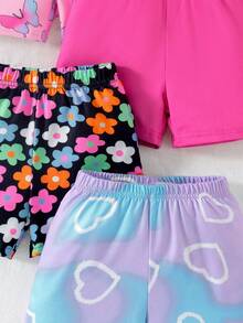 4件套女童扎染爱心、扎染蝴蝶、花卉印花拼接纯色短裤，百搭夏季户外日常穿着 - 彩色 - 查看 3
