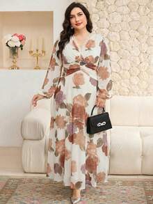 Modelyn Plus Size Women Floral Contrast Lace V-Neck Lantern Sleeve Elegant Dress - Apricot - View 6