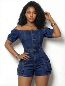 Slaydiva Women's Summer Casual One-Shoulder Button Half-Placket Denim Jumpsuit - Blue - View 1