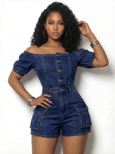 Slaydiva Women's Summer Casual One-Shoulder Button Half-Placket Denim Jumpsuit