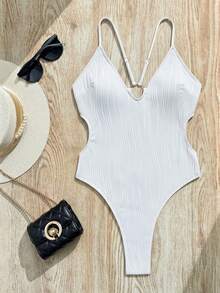 Swim SXY Women's Sexy Solid Color Backless Round Ring Criss-Cross Wavy Texture One-Piece Swimsuit, Suitable For Spring, Summer And Autumn Beach Vacation - White - View 6