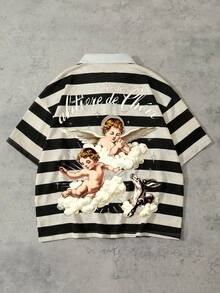 ROMWE MEN Áo Polo nam dáng rộng in hình thiên thần và kẻ sọc - Đen và trắng - Xem 1